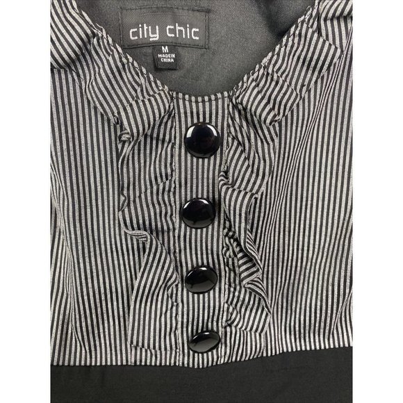 City Chic Size M Womens Pencil Dress Black Silver Pin Striped Bust Ruffle Button - Picture 4 of 8